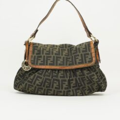FENDI ZUCCA SHOULDER BAG WITH CROCODILE EMBOSSED TRIM