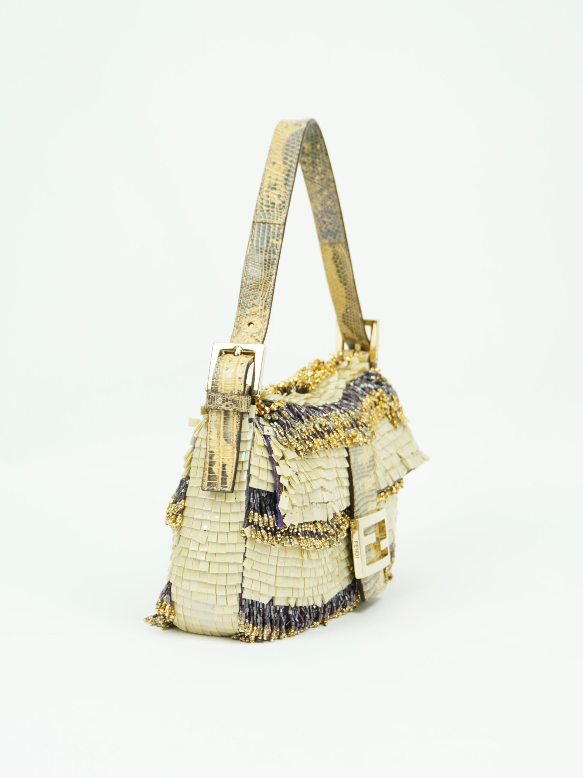 FENDI MOTHER OF PEARL BEADED BAGUETTE WITH LIZARD TRIM - Image 3