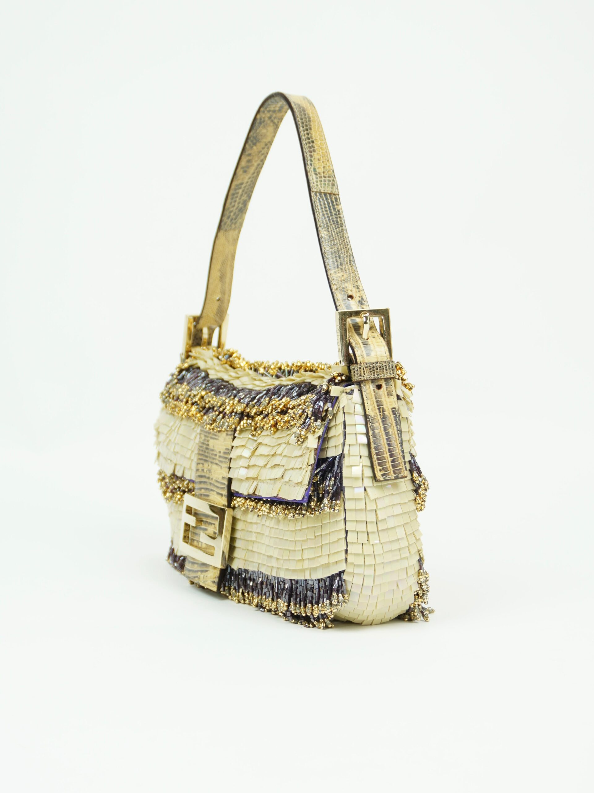 FENDI MOTHER OF PEARL BEADED BAGUETTE WITH LIZARD TRIM - Image 6