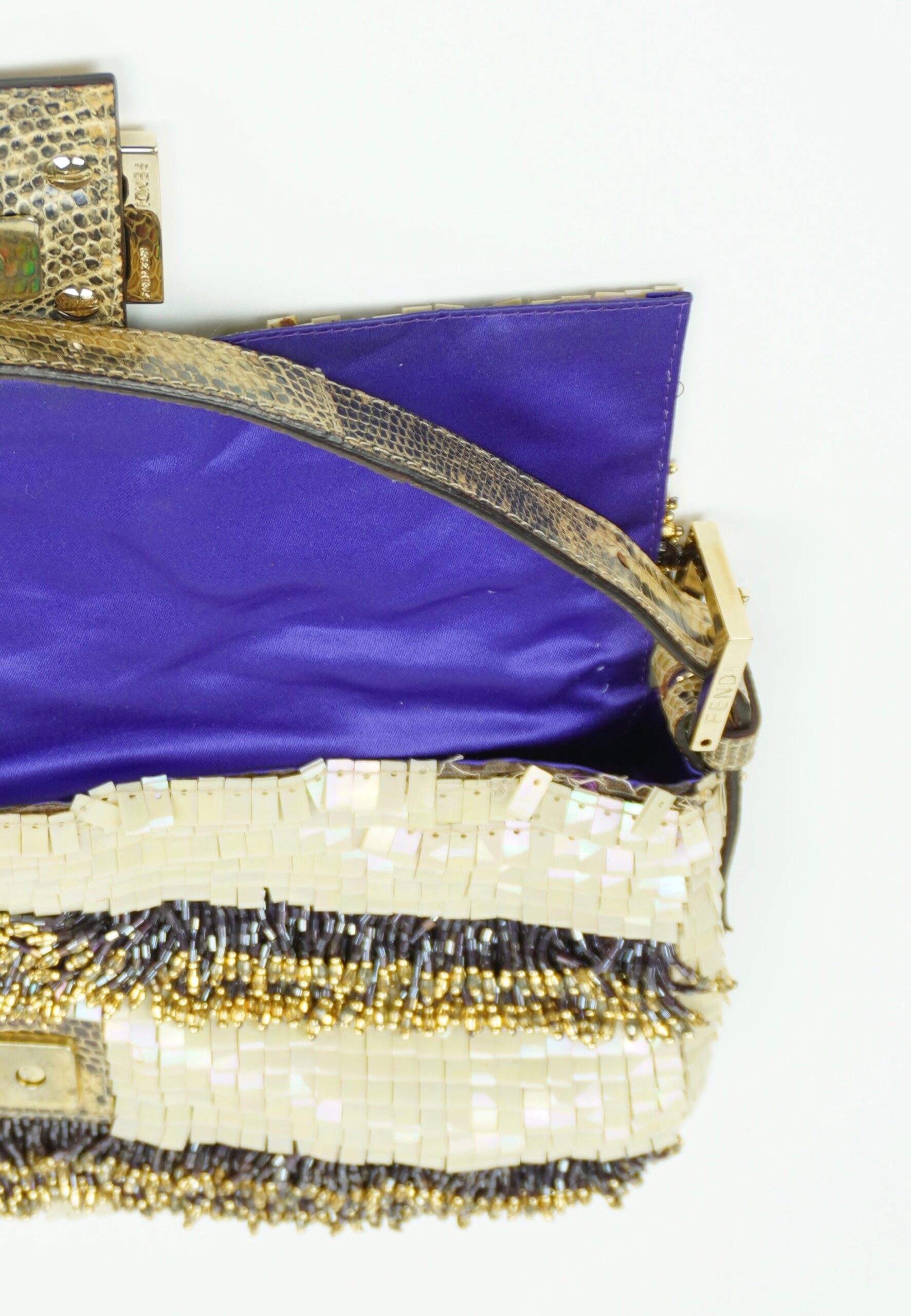 FENDI MOTHER OF PEARL BEADED BAGUETTE WITH LIZARD TRIM - Image 12