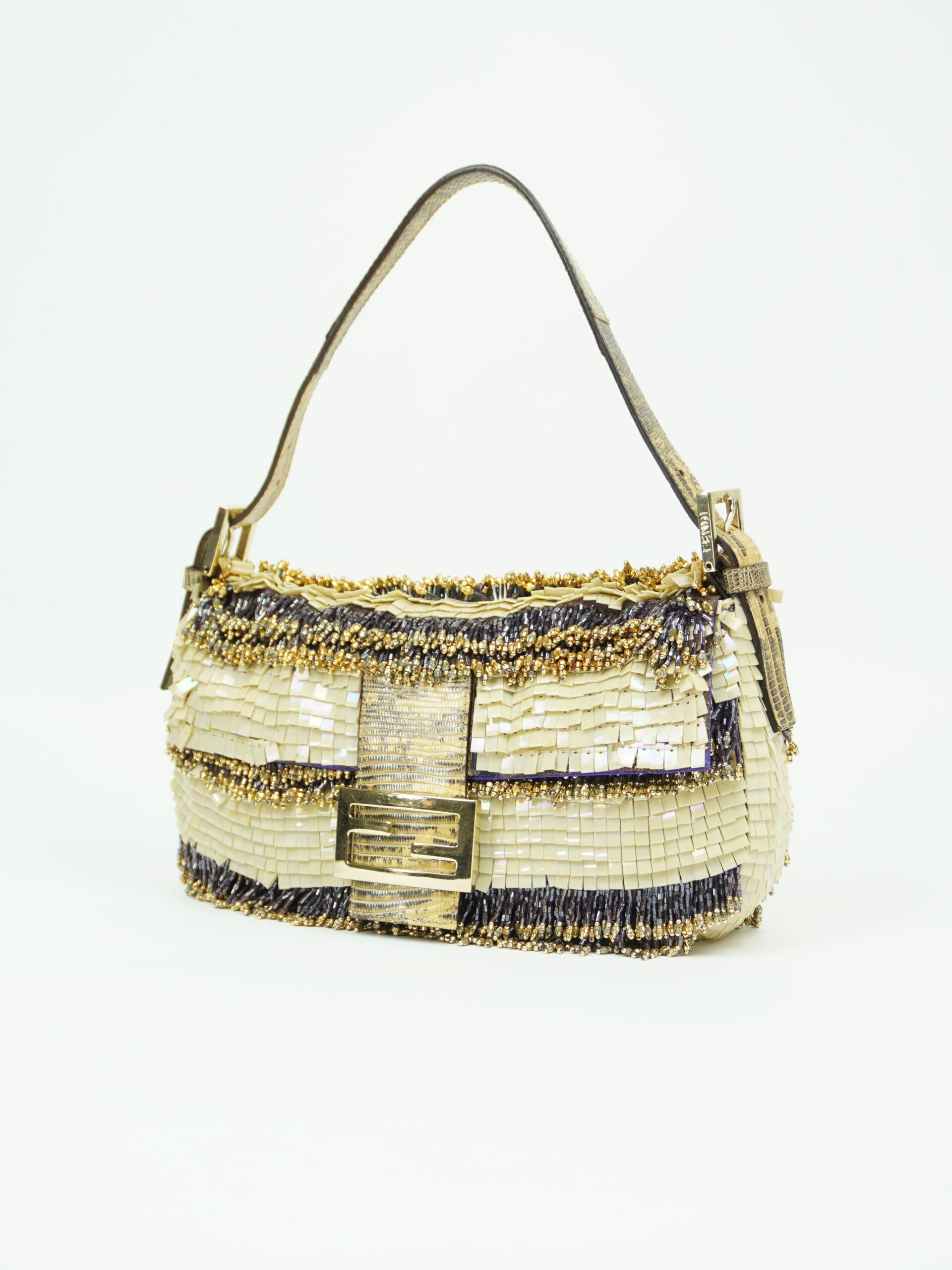 FENDI MOTHER OF PEARL BEADED BAGUETTE WITH LIZARD TRIM - Image 7