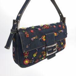 Alternative view of FENDI DENIM FLORAL BEADED BAGUETTE BAG