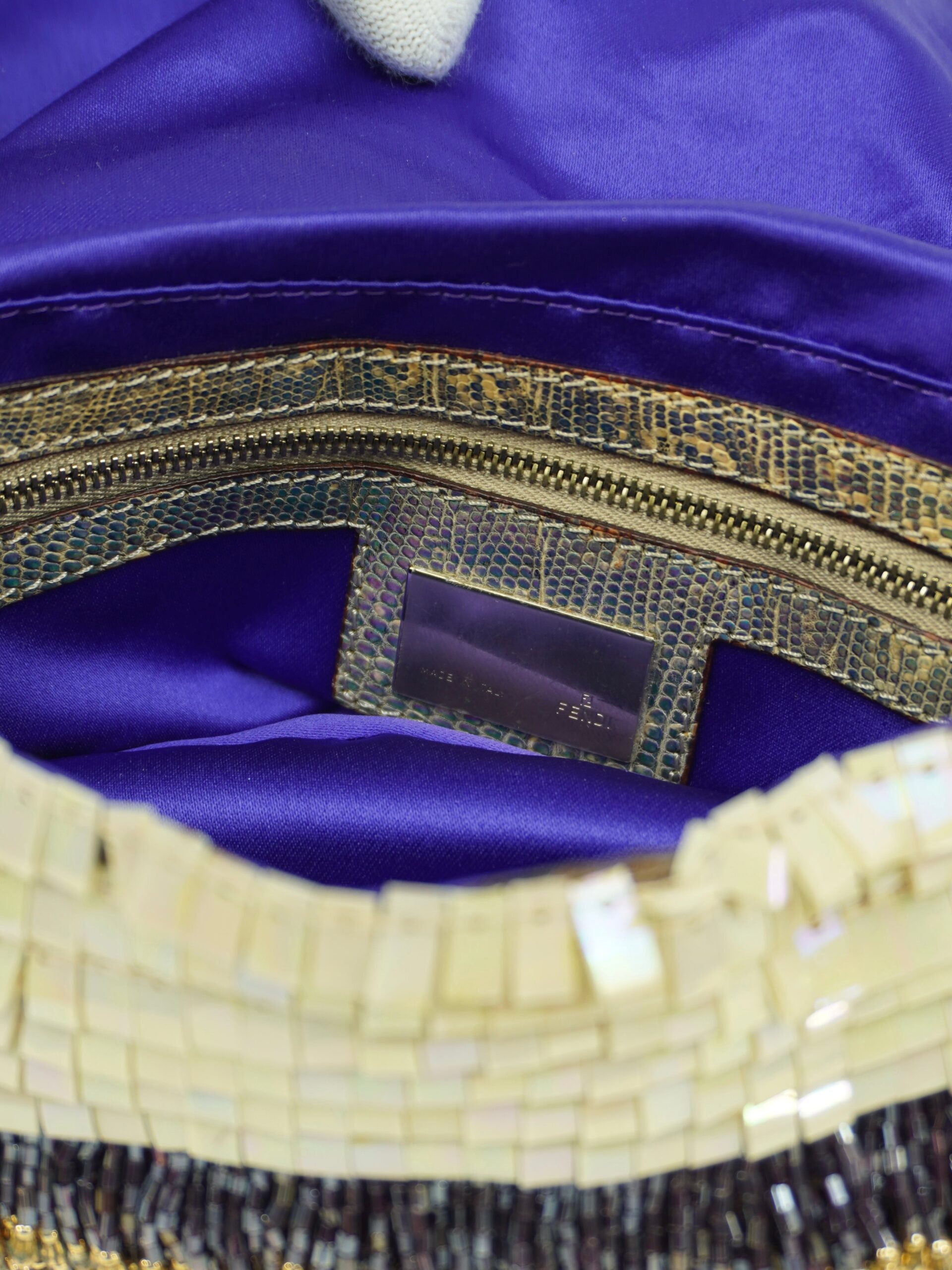 FENDI MOTHER OF PEARL BEADED BAGUETTE WITH LIZARD TRIM - Image 13
