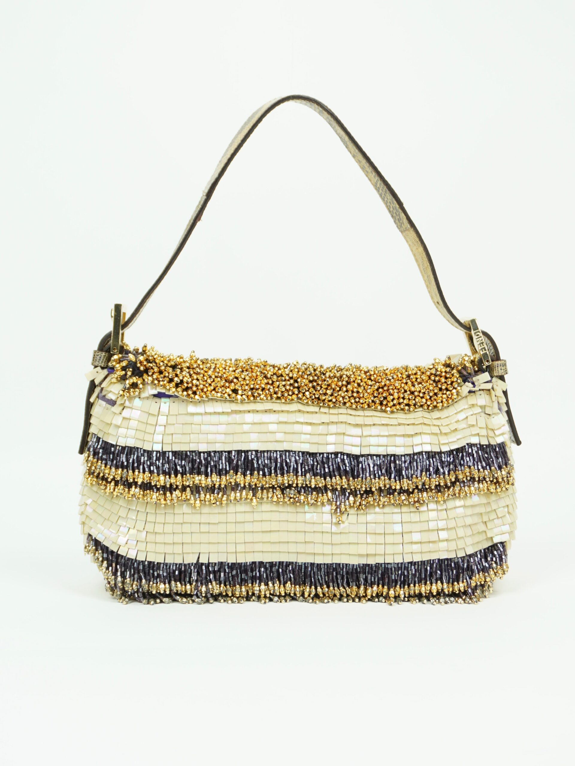 FENDI MOTHER OF PEARL BEADED BAGUETTE WITH LIZARD TRIM - Image 4