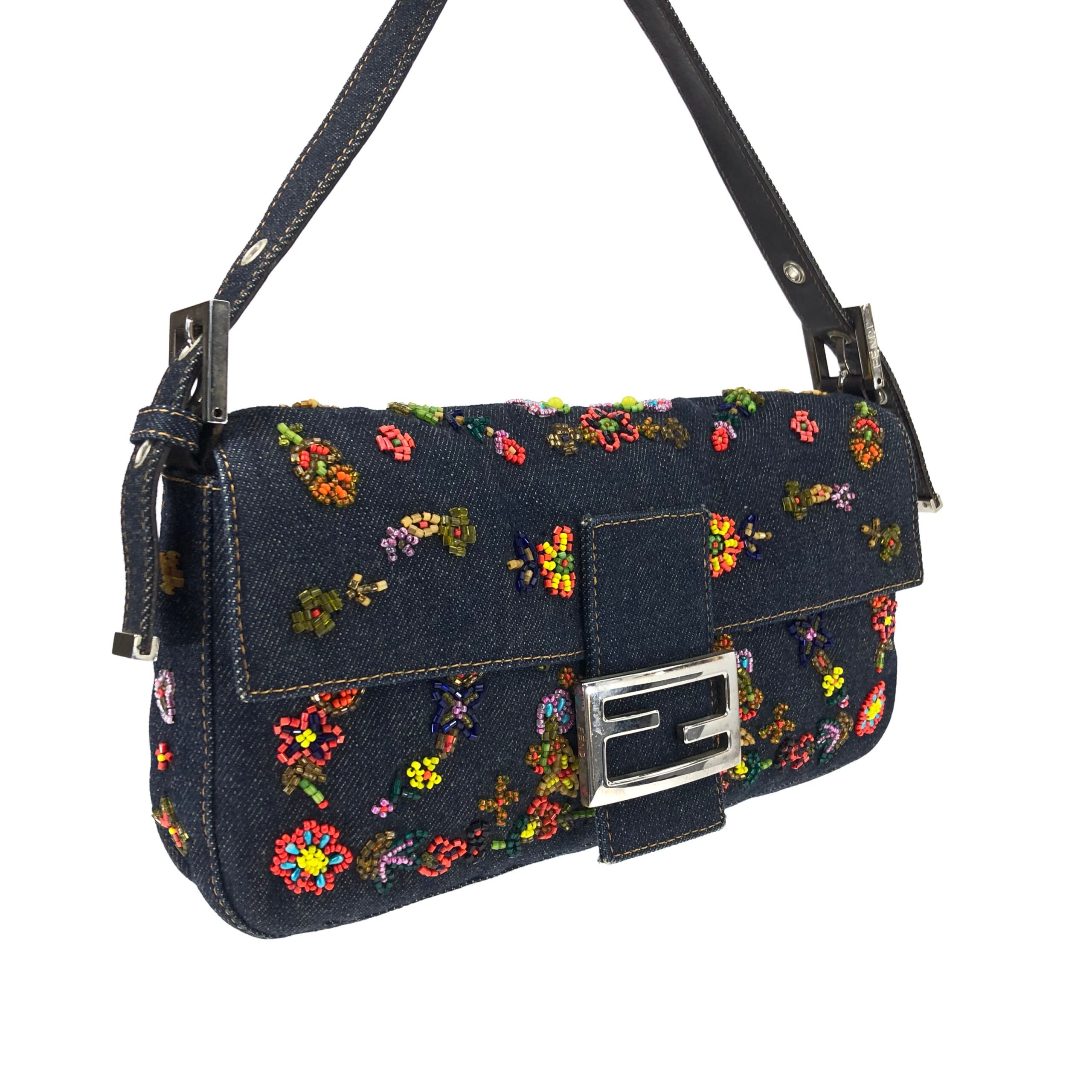 FENDI DENIM BEADED BAGUETTE SHOULDER BAG - Image 2