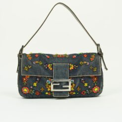 FENDI DENIM FLORAL BEADED BAGUETTE