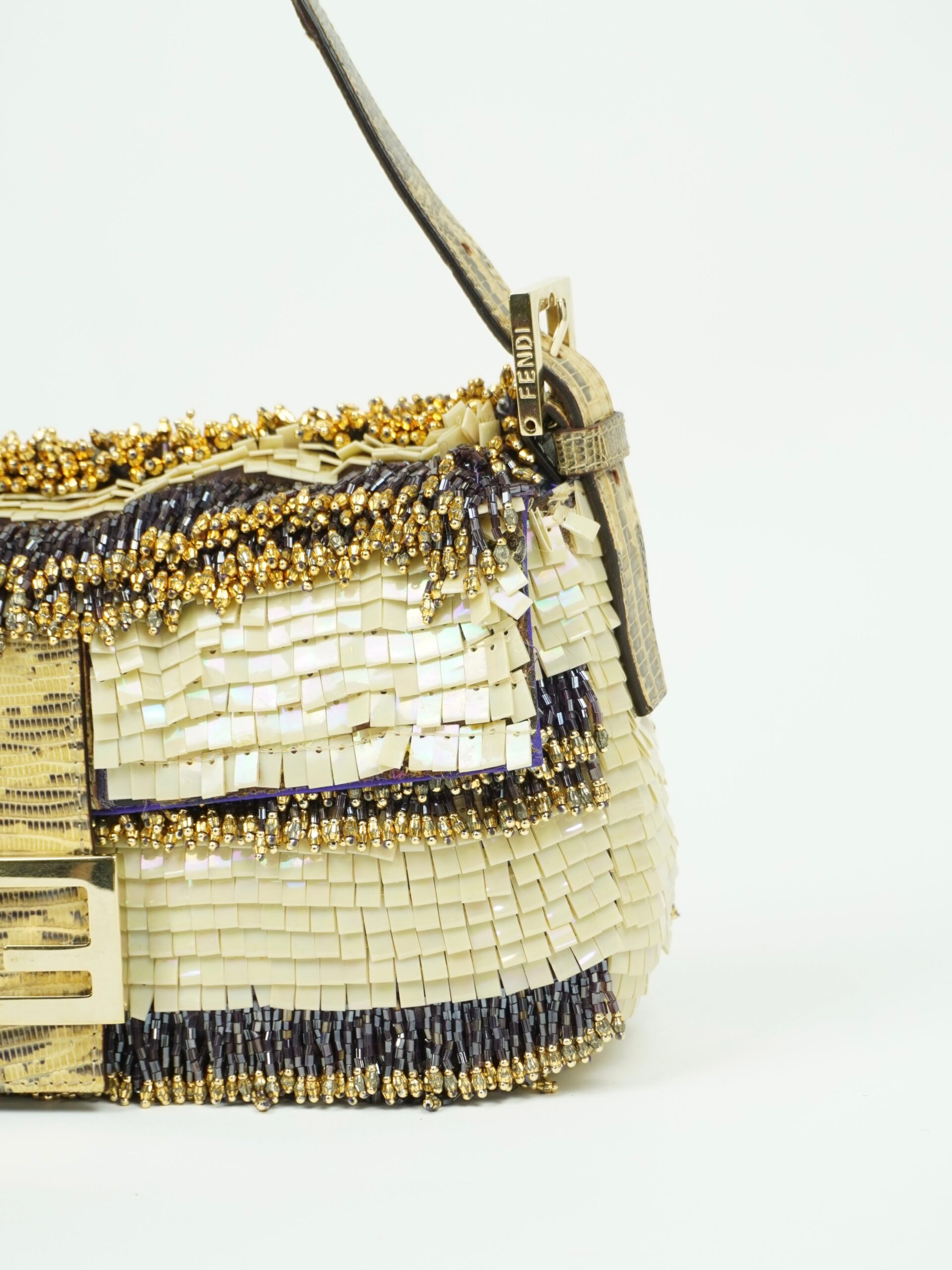FENDI MOTHER OF PEARL BEADED BAGUETTE WITH LIZARD TRIM - Image 9