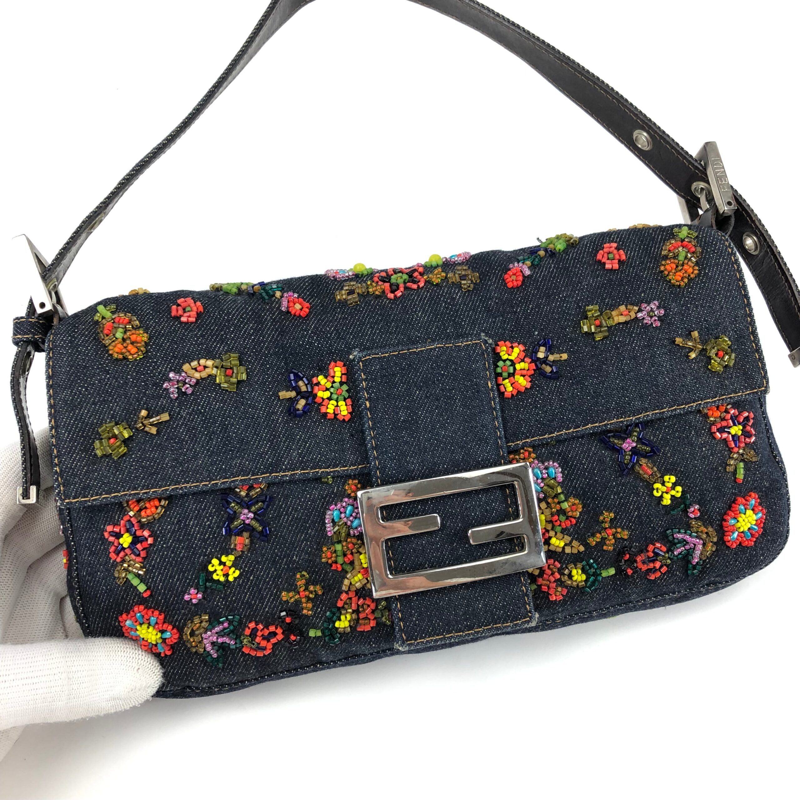 FENDI DENIM BEADED BAGUETTE SHOULDER BAG - Image 5