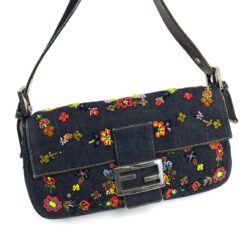 Alternative view of FENDI DENIM FLORAL BEADED BAGUETTE BAG