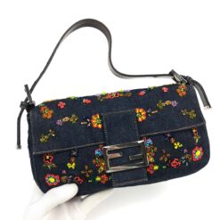 Alternative view of FENDI DENIM FLORAL BEADED BAGUETTE BAG