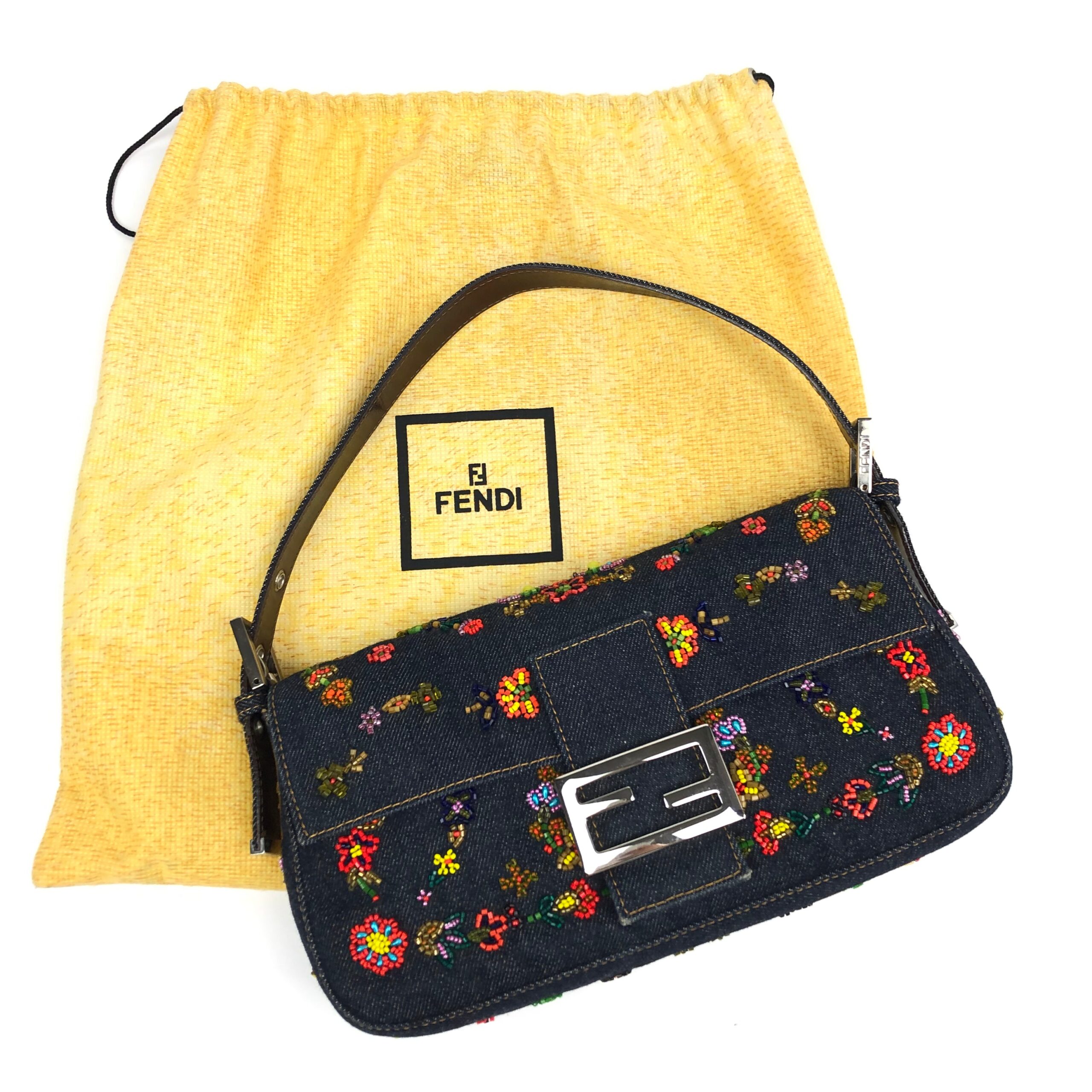 FENDI DENIM FLORAL BEADED BAGUETTE BAG - Image 8
