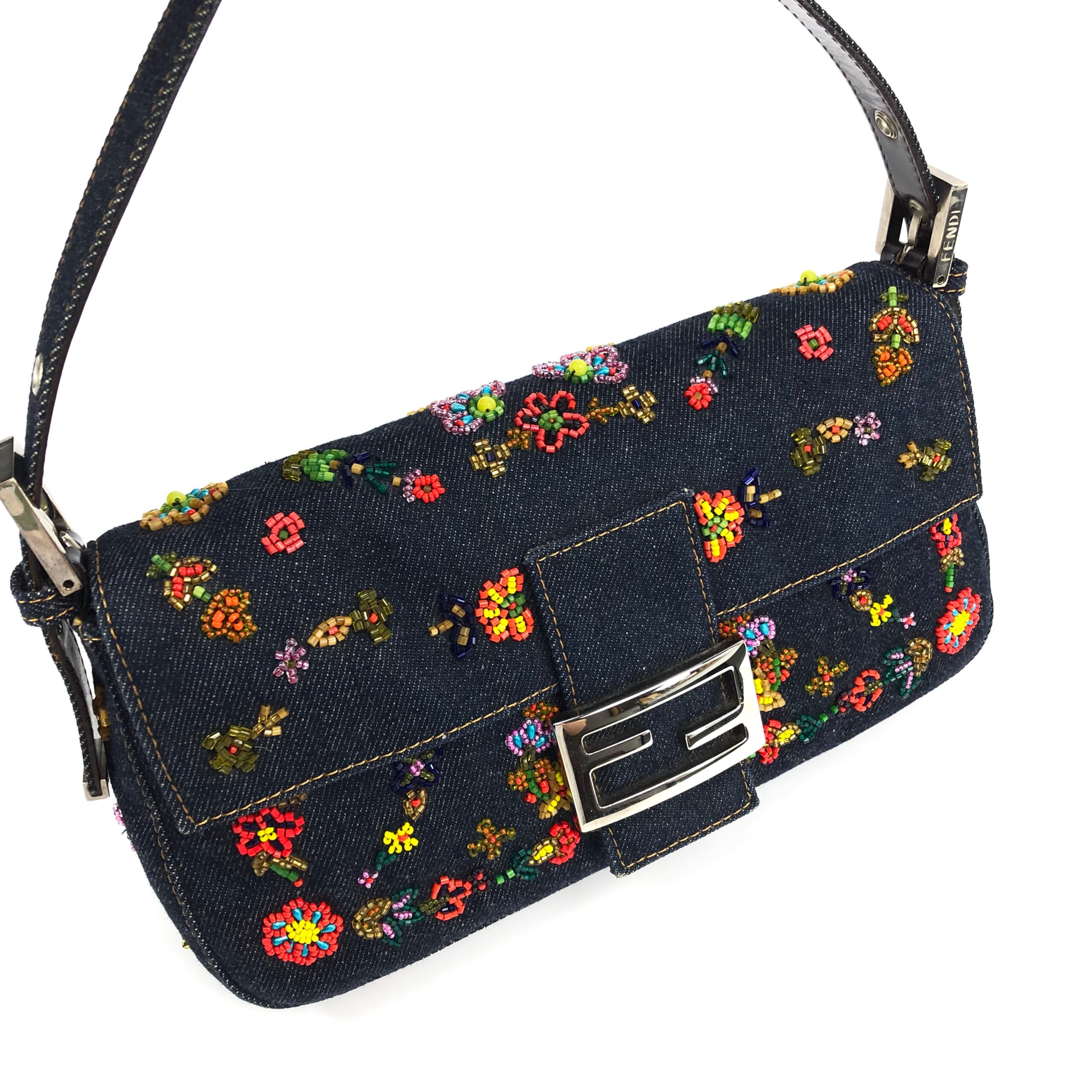 FENDI DENIM FLORAL BEADED BAGUETTE BAG - Image 7