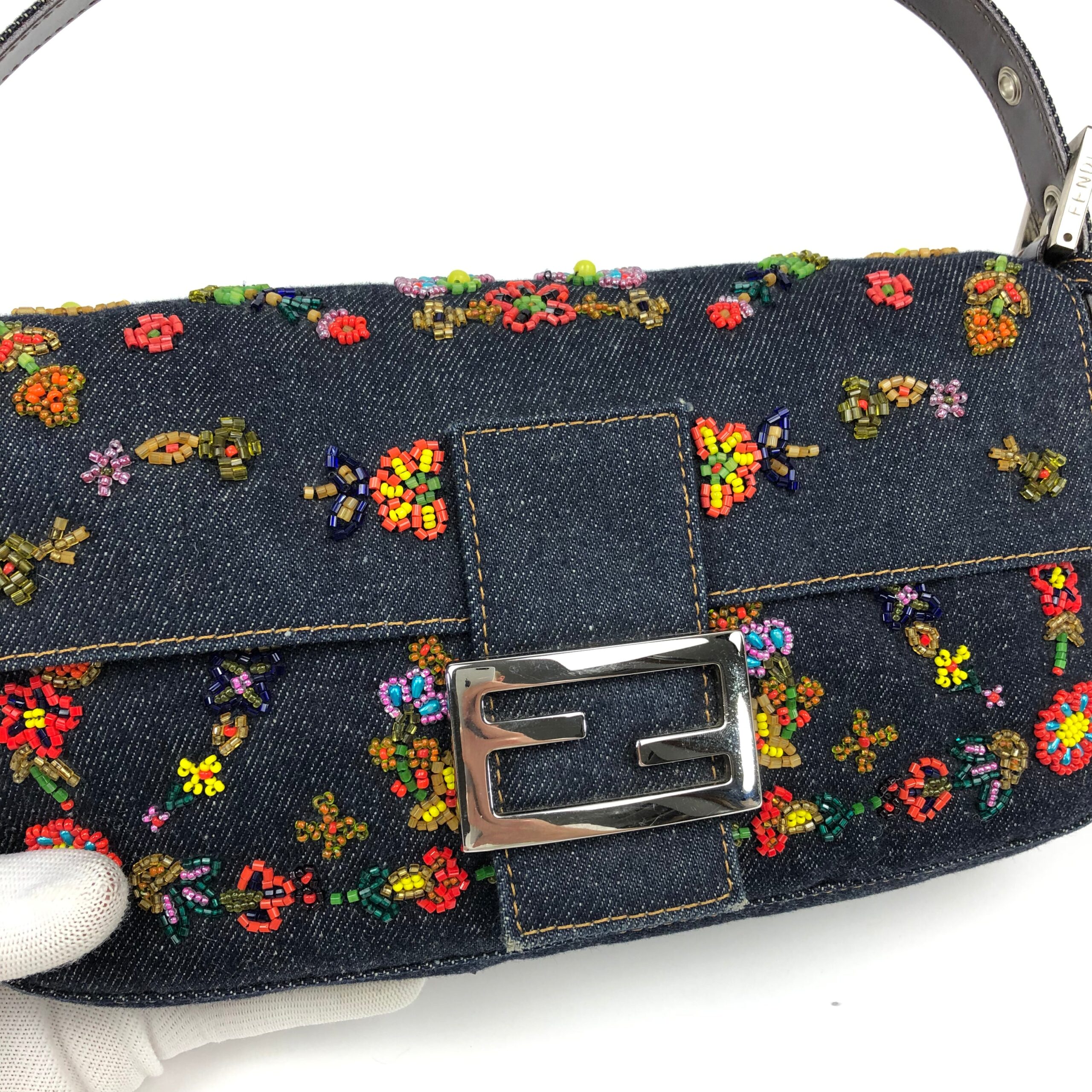 FENDI DENIM FLORAL BEADED BAGUETTE BAG - Image 6