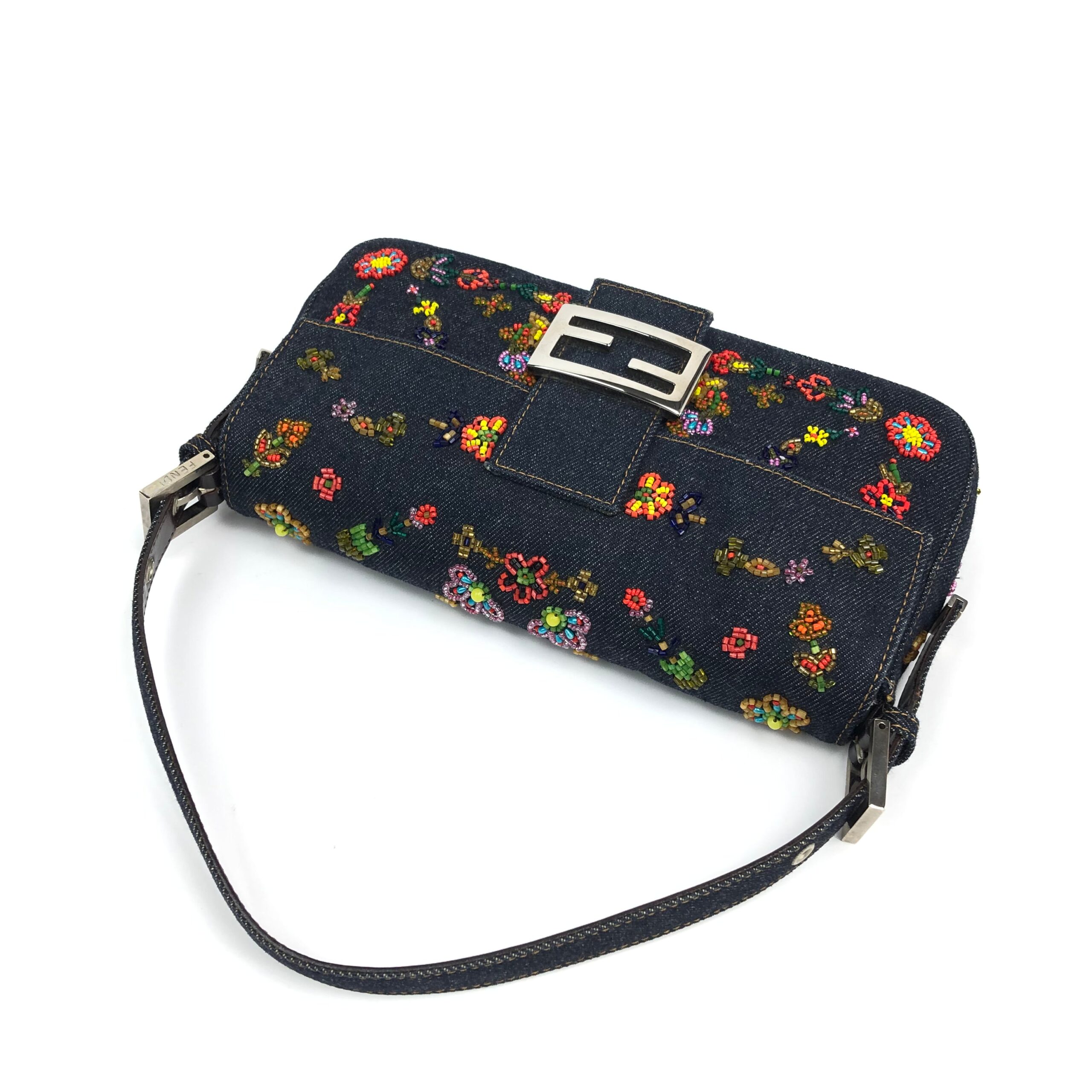 FENDI DENIM FLORAL BEADED BAGUETTE BAG - Image 4