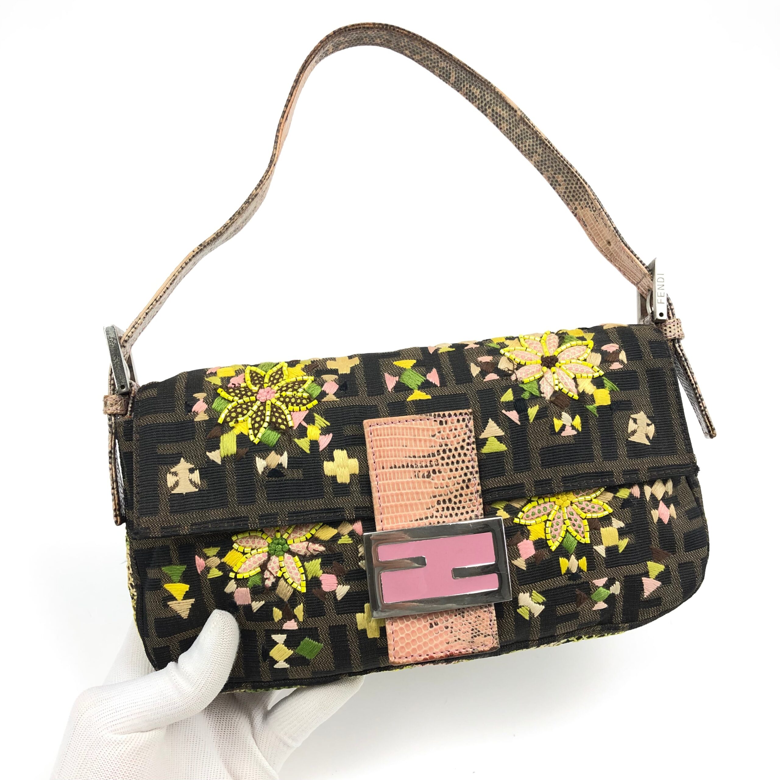 FENDI ZUCCA BEADED BAGUETTE BAG WITH EXOTIC LIZARD DETAILING - Image 2