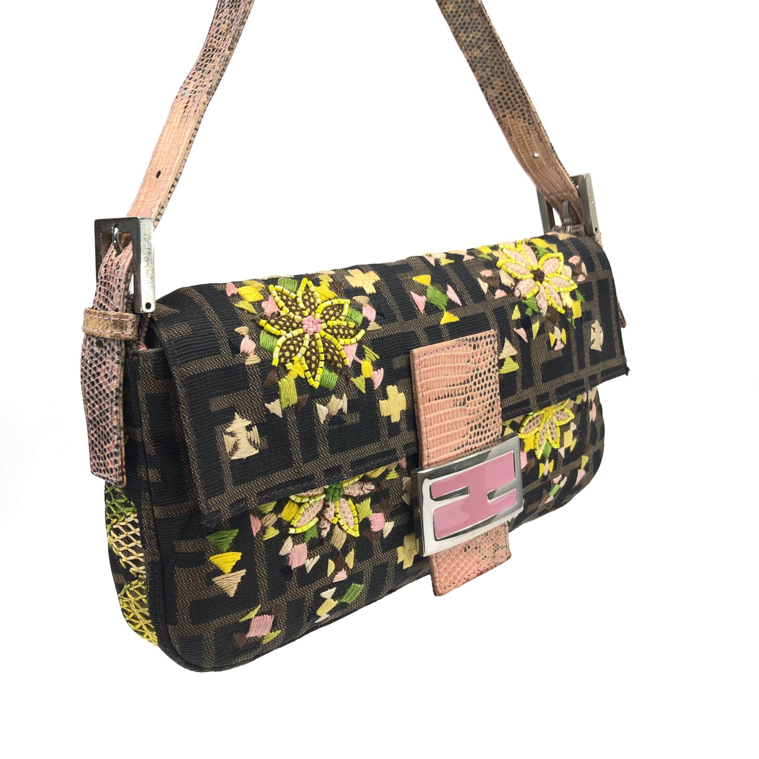 FENDI ZUCCA BEADED BAGUETTE BAG WITH EXOTIC LIZARD DETAILING - Image 3