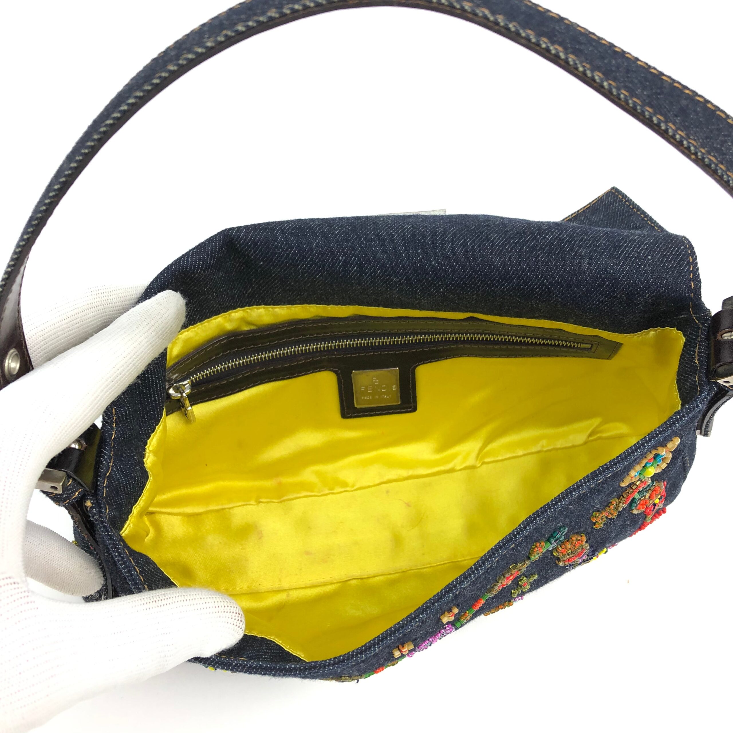 FENDI DENIM FLORAL BEADED BAGUETTE BAG - Image 9