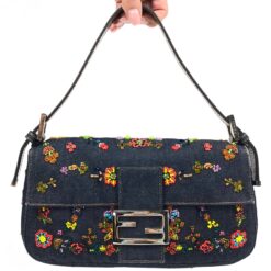 FENDI DENIM FLORAL BEADED BAGUETTE BAG