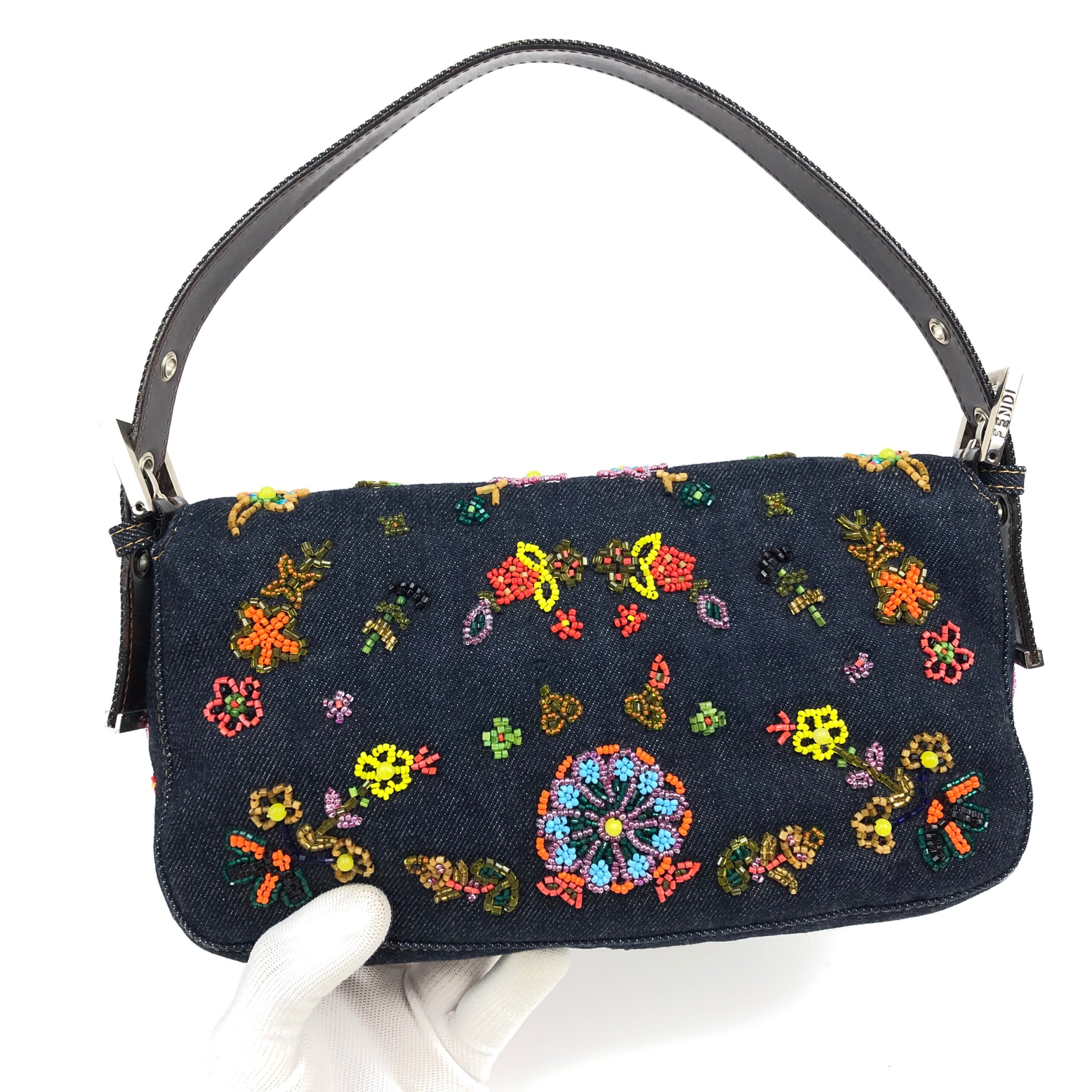 FENDI DENIM FLORAL BEADED BAGUETTE BAG - Image 5