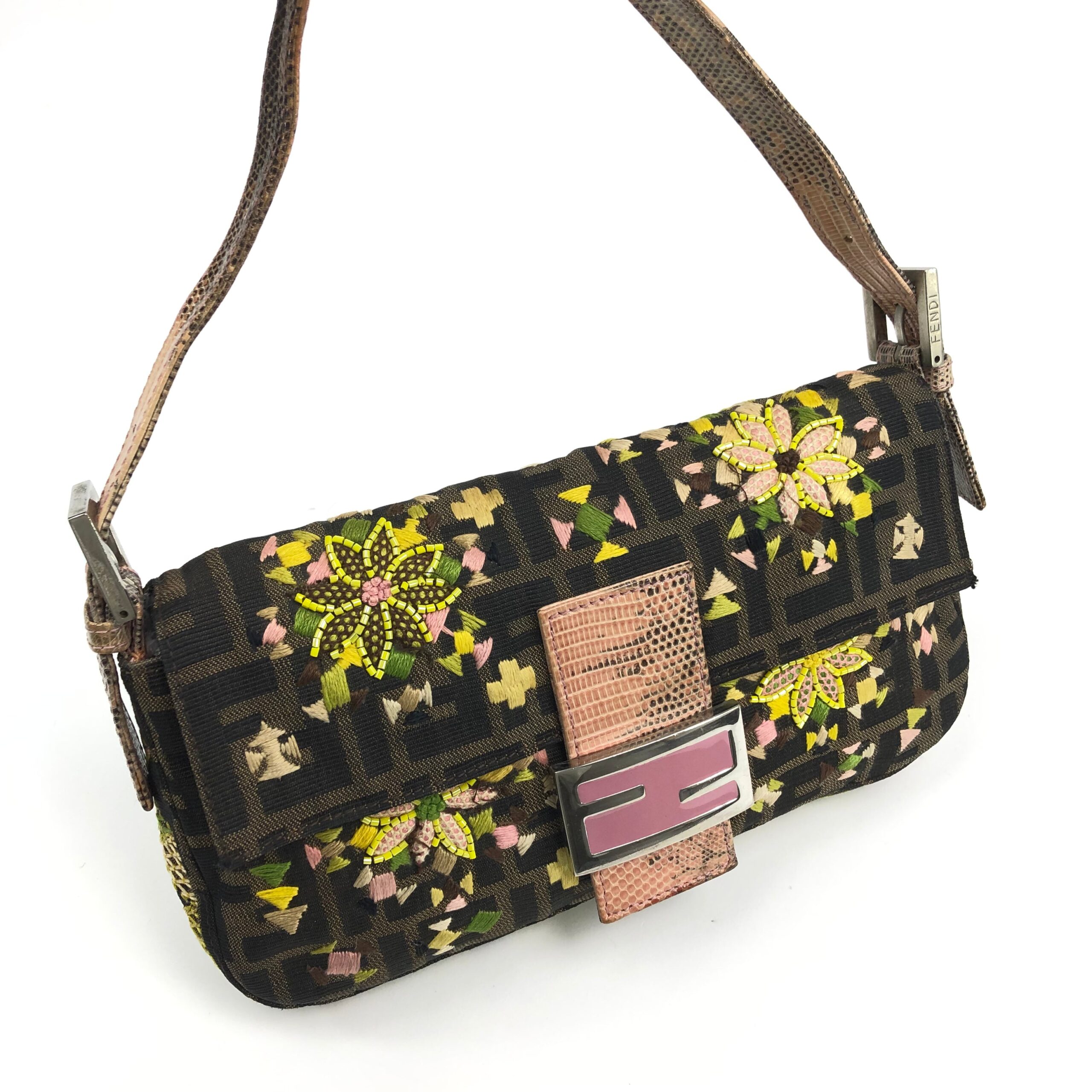 FENDI ZUCCA BEADED BAGUETTE BAG WITH EXOTIC LIZARD DETAILING - Image 7