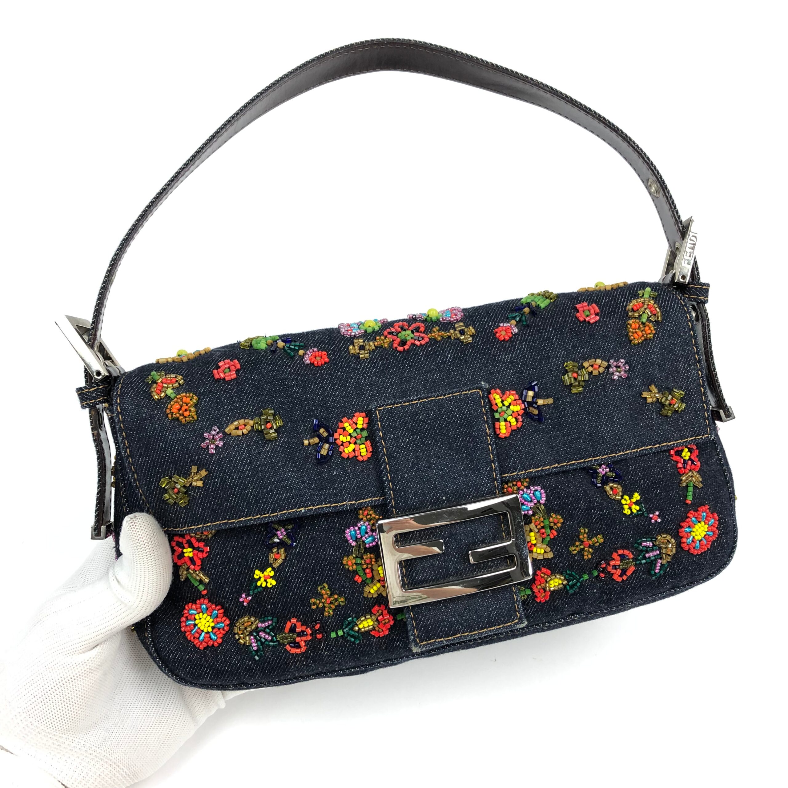 FENDI DENIM FLORAL BEADED BAGUETTE BAG - Image 2