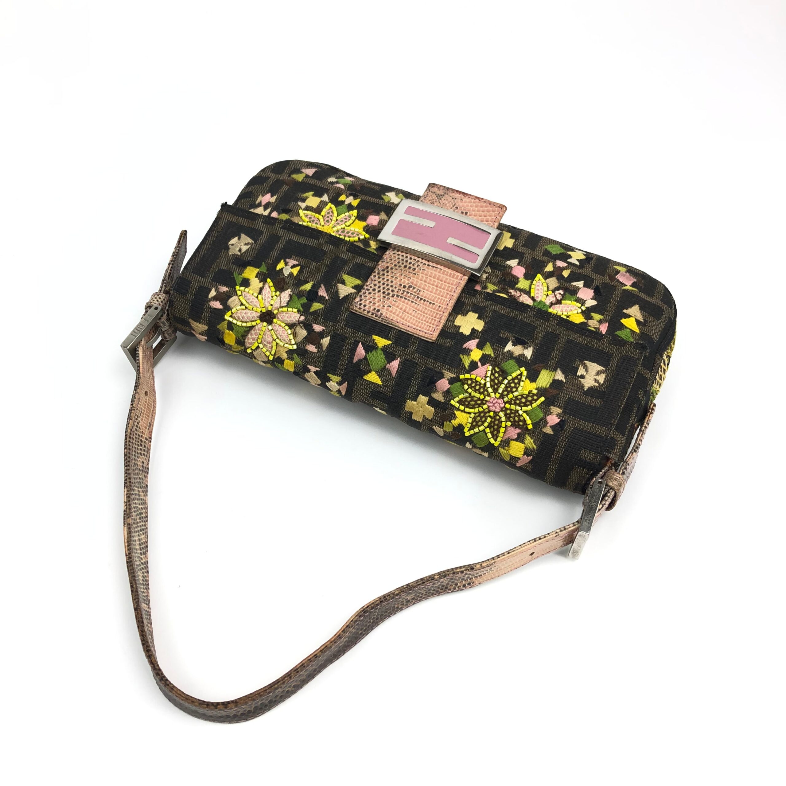 FENDI ZUCCA BEADED BAGUETTE BAG WITH EXOTIC LIZARD DETAILING - Image 4