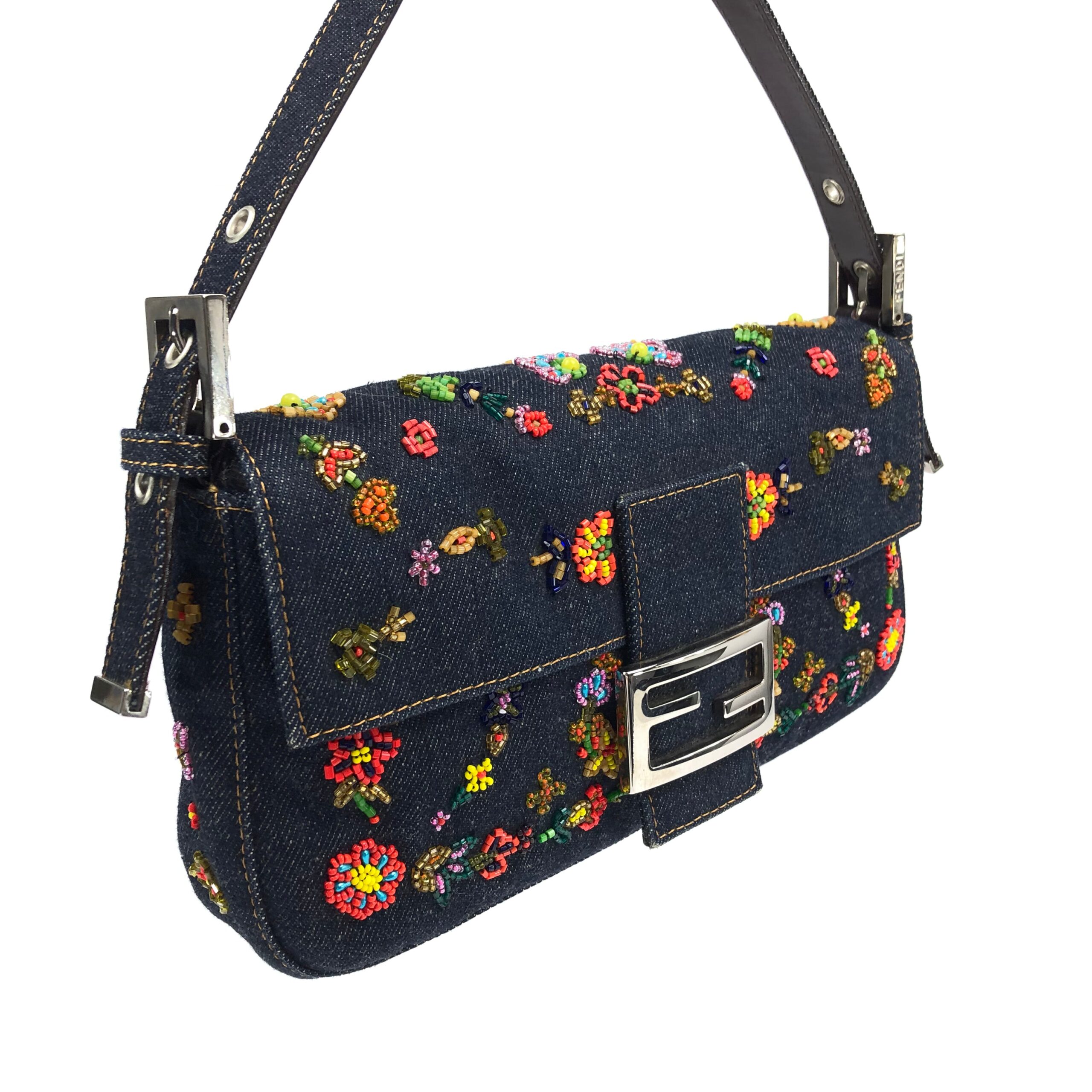 FENDI DENIM FLORAL BEADED BAGUETTE BAG - Image 3