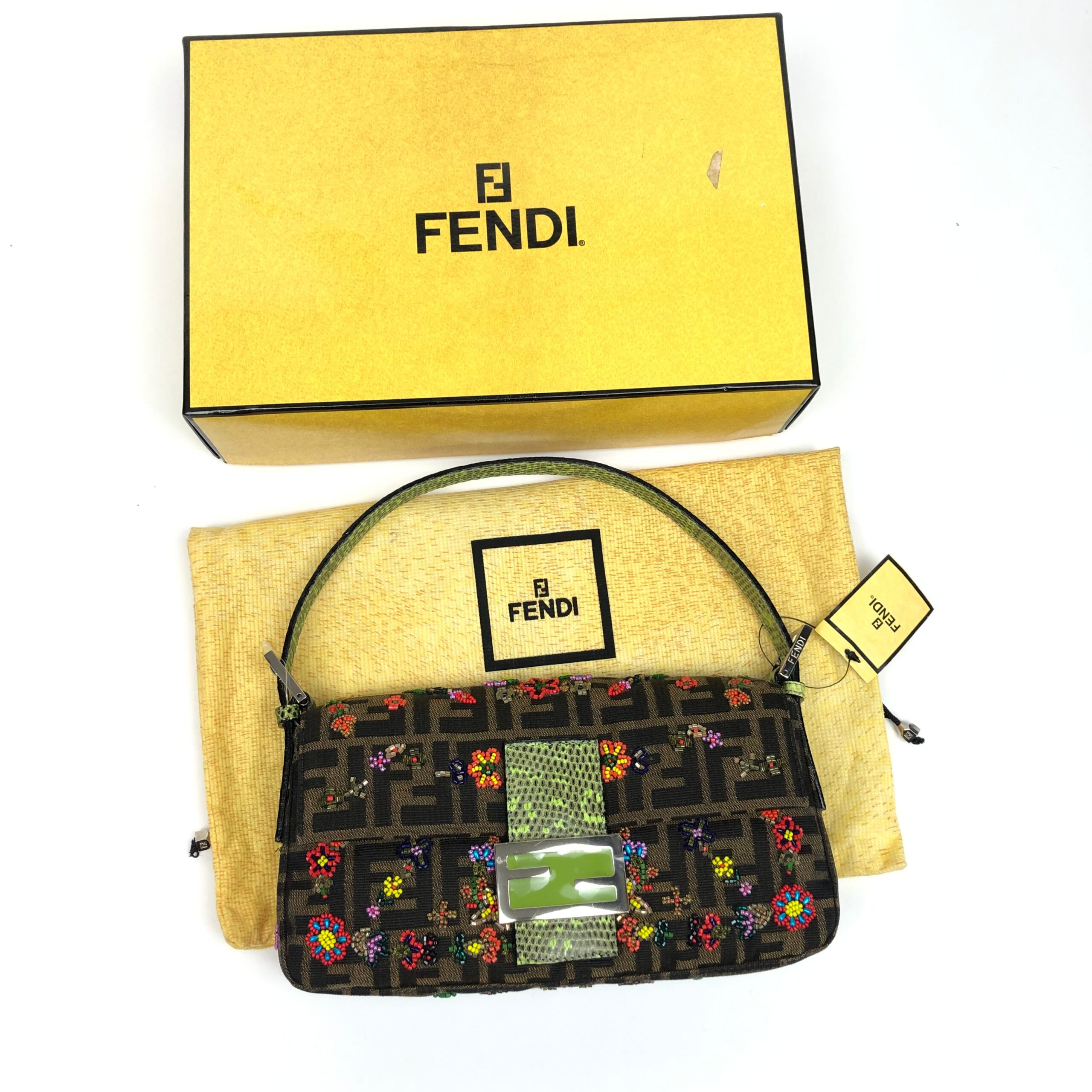 FENDI ZUCCA FLORAL BEADED BAGUETTE BAG WITH EXOTIC LIZARD DETAILING - Image 2