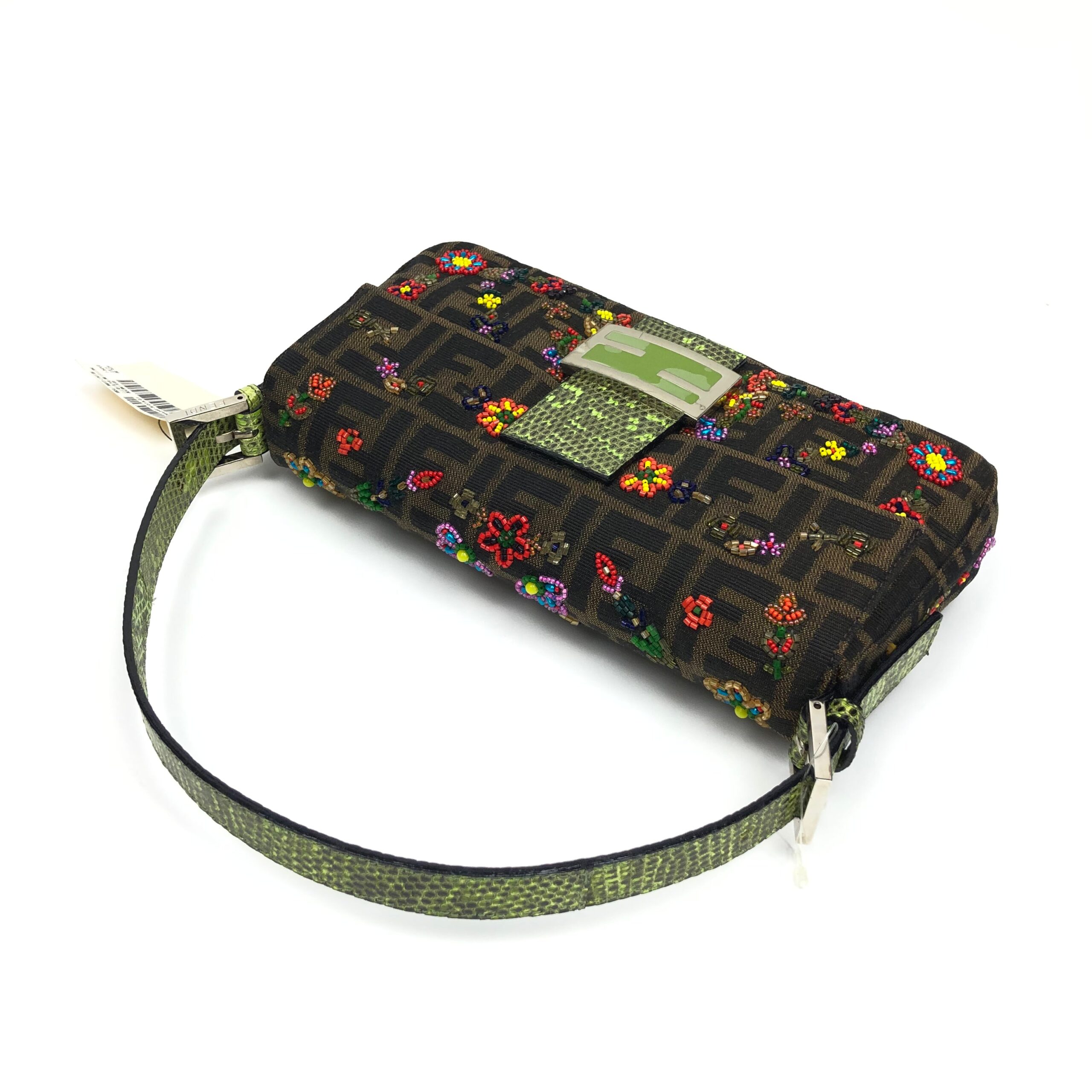 FENDI ZUCCA FLORAL BEADED BAGUETTE BAG WITH EXOTIC LIZARD DETAILING - Image 8