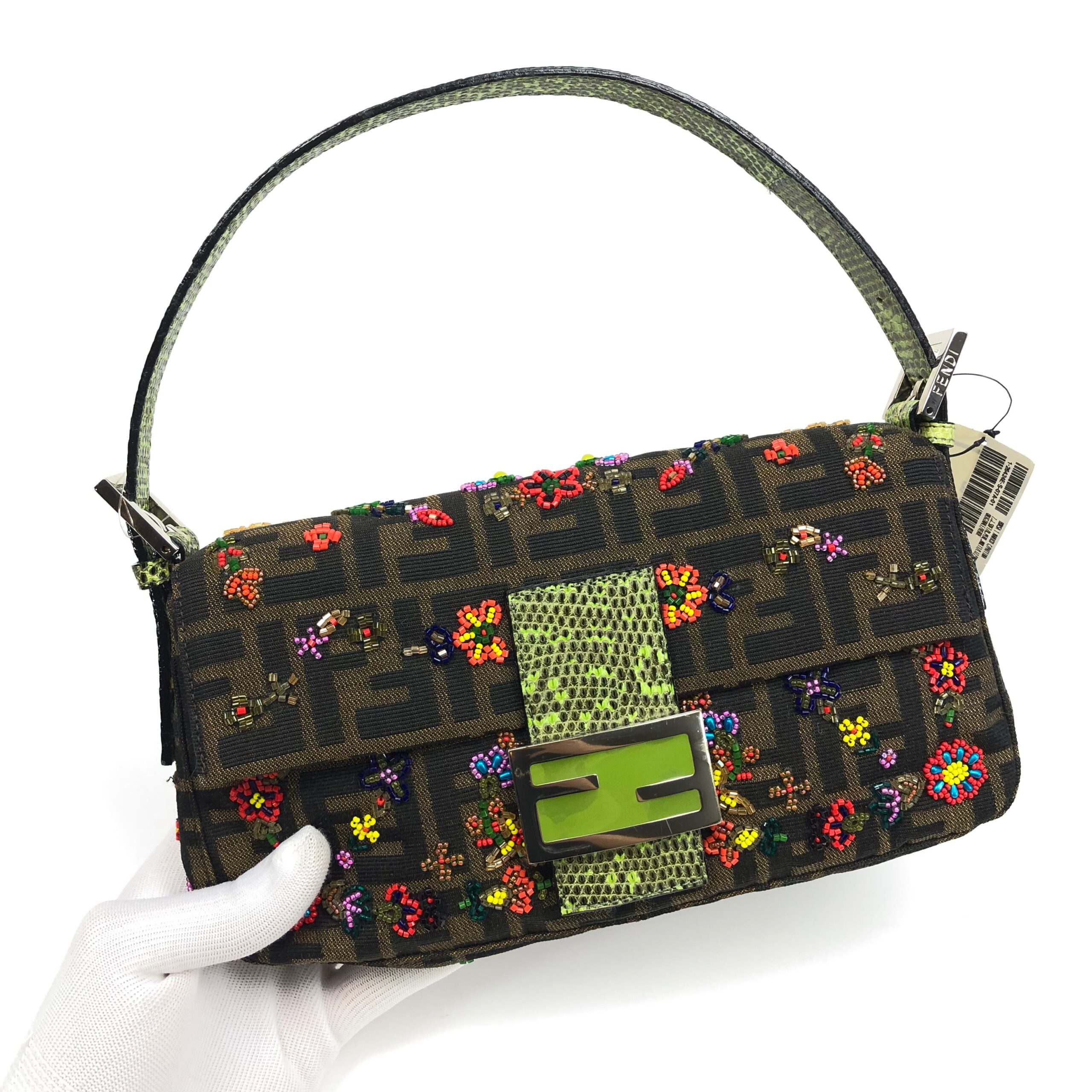FENDI ZUCCA FLORAL BEADED BAGUETTE BAG WITH EXOTIC LIZARD DETAILING - Image 9