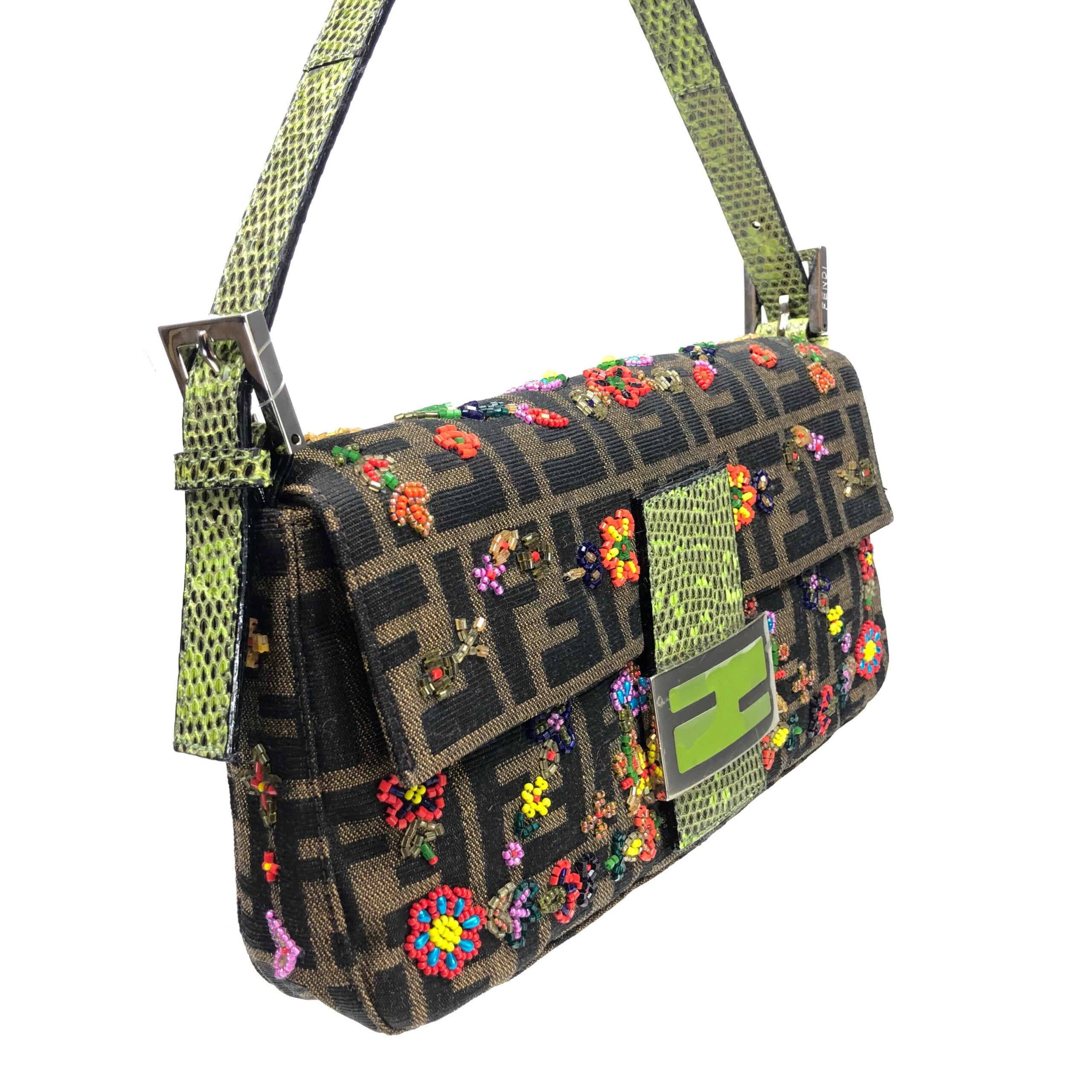 FENDI ZUCCA FLORAL BEADED BAGUETTE BAG WITH EXOTIC LIZARD DETAILING - Image 6