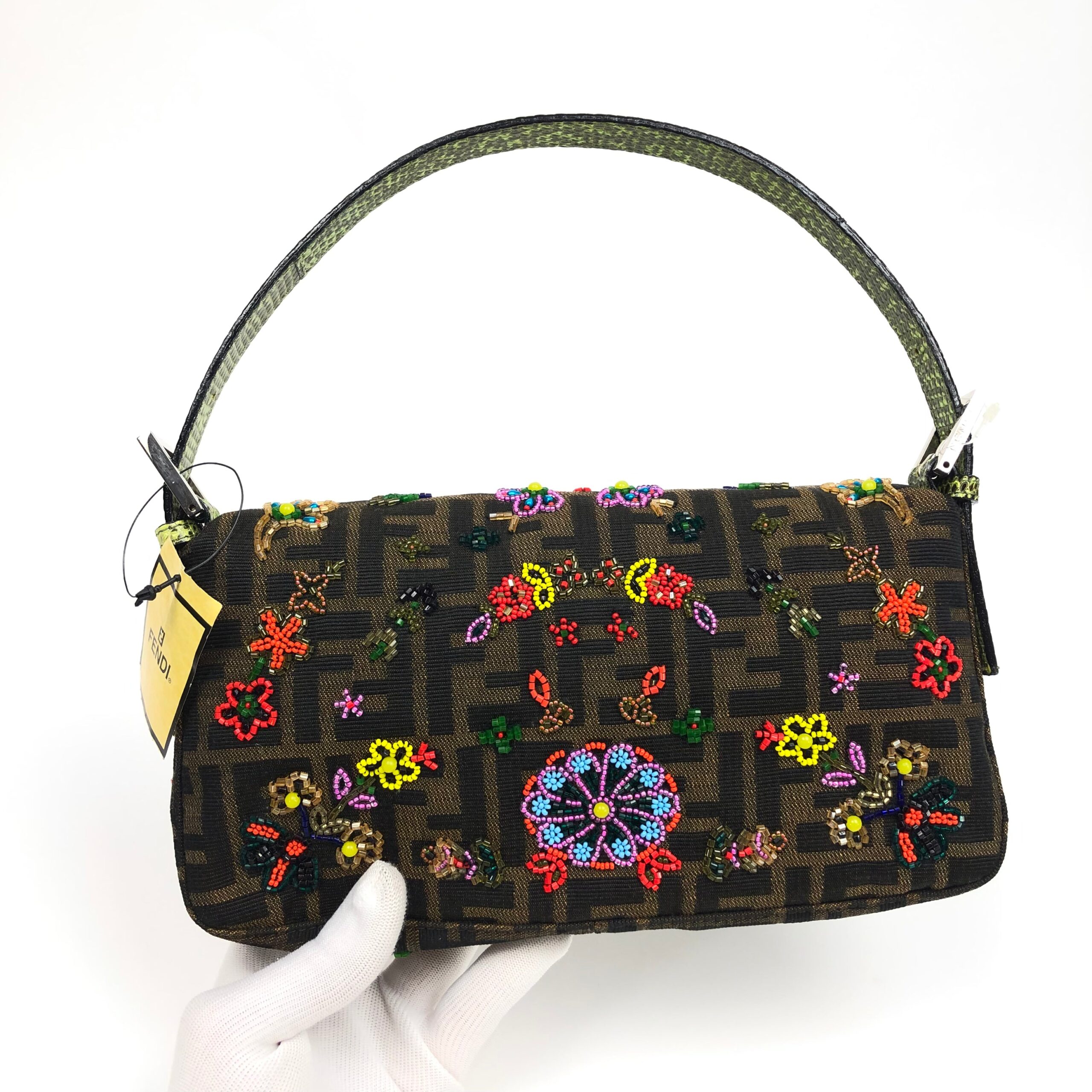 FENDI ZUCCA FLORAL BEADED BAGUETTE BAG WITH EXOTIC LIZARD DETAILING - Image 11