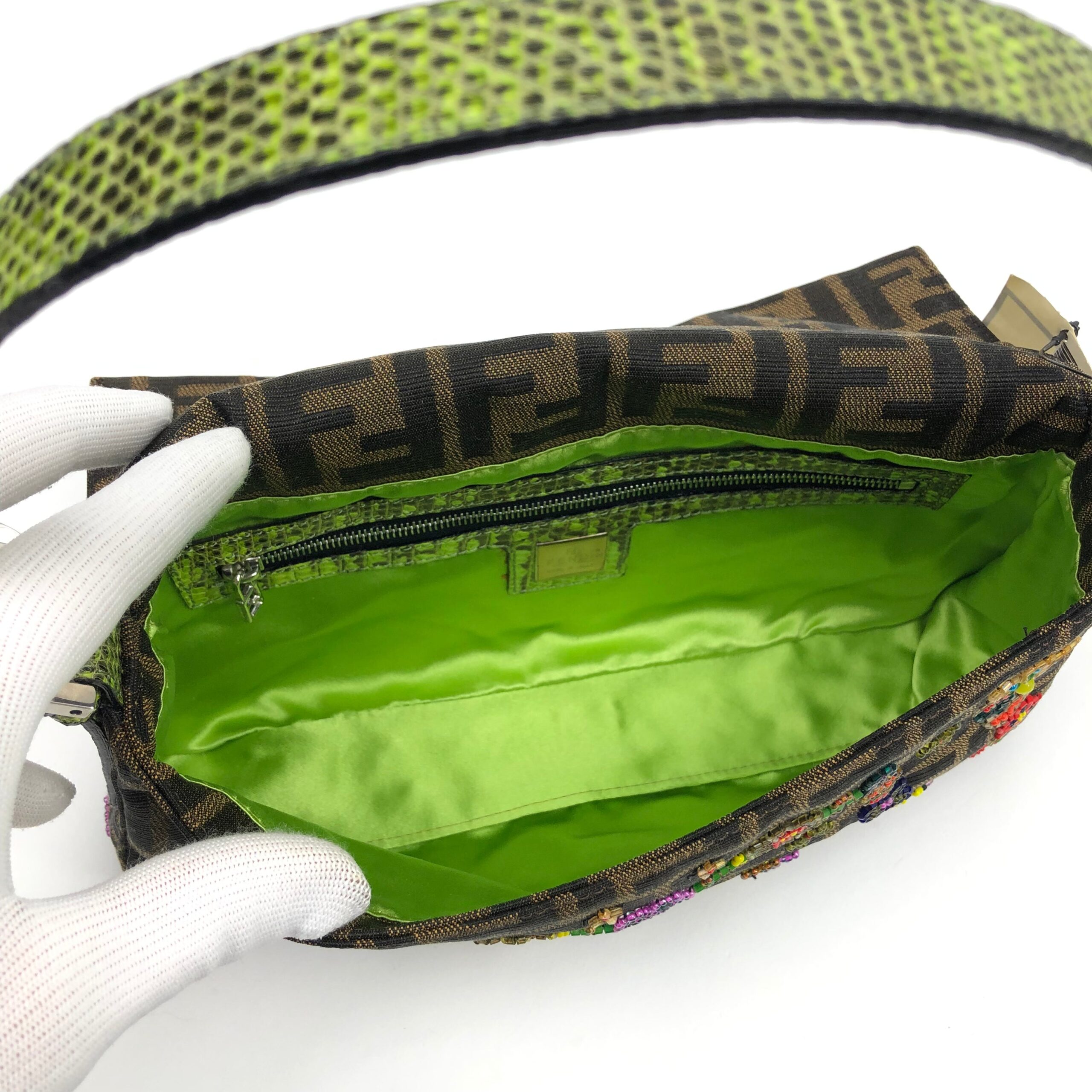 FENDI ZUCCA FLORAL BEADED BAGUETTE BAG WITH EXOTIC LIZARD DETAILING - Image 7