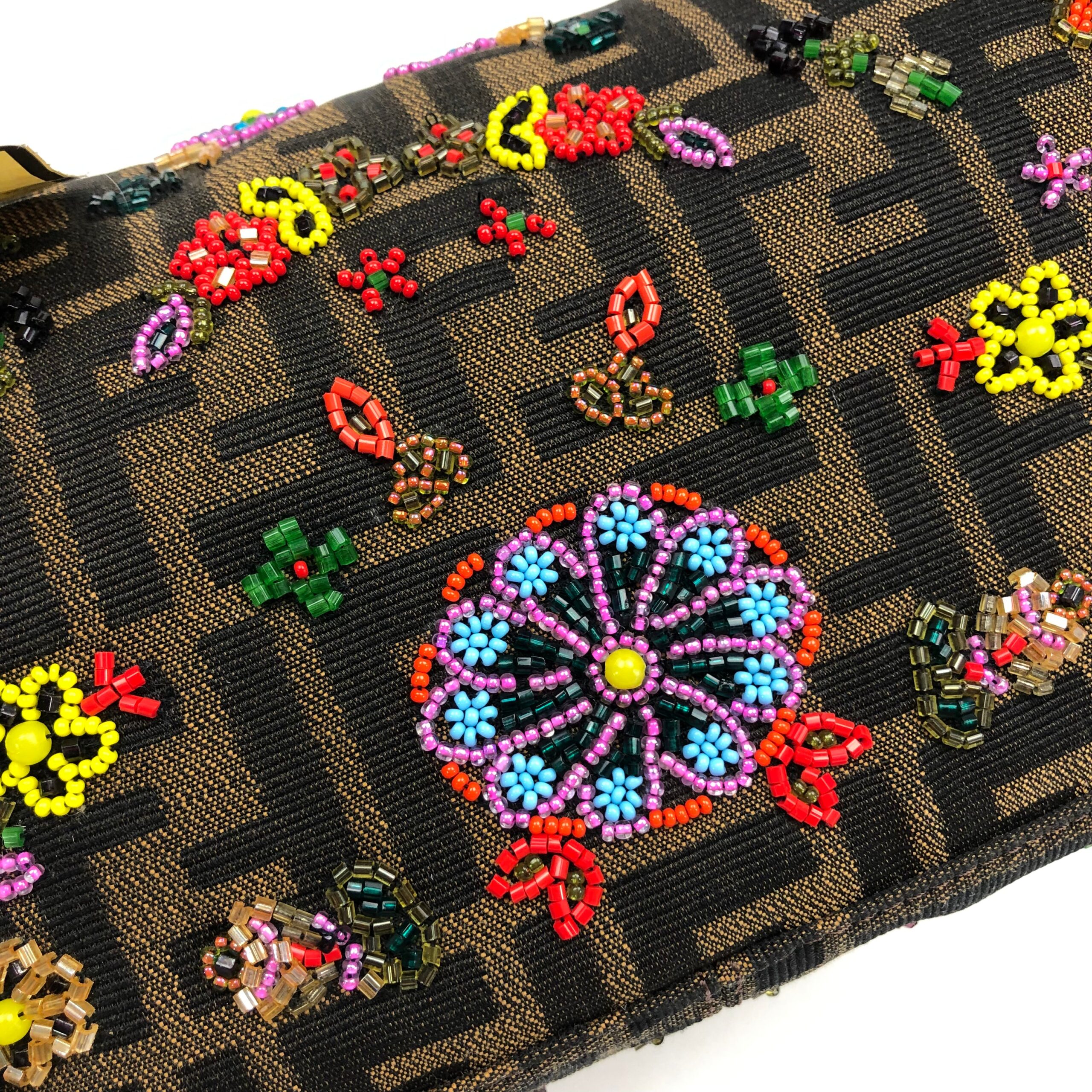 FENDI ZUCCA FLORAL BEADED BAGUETTE BAG WITH EXOTIC LIZARD DETAILING - Image 5