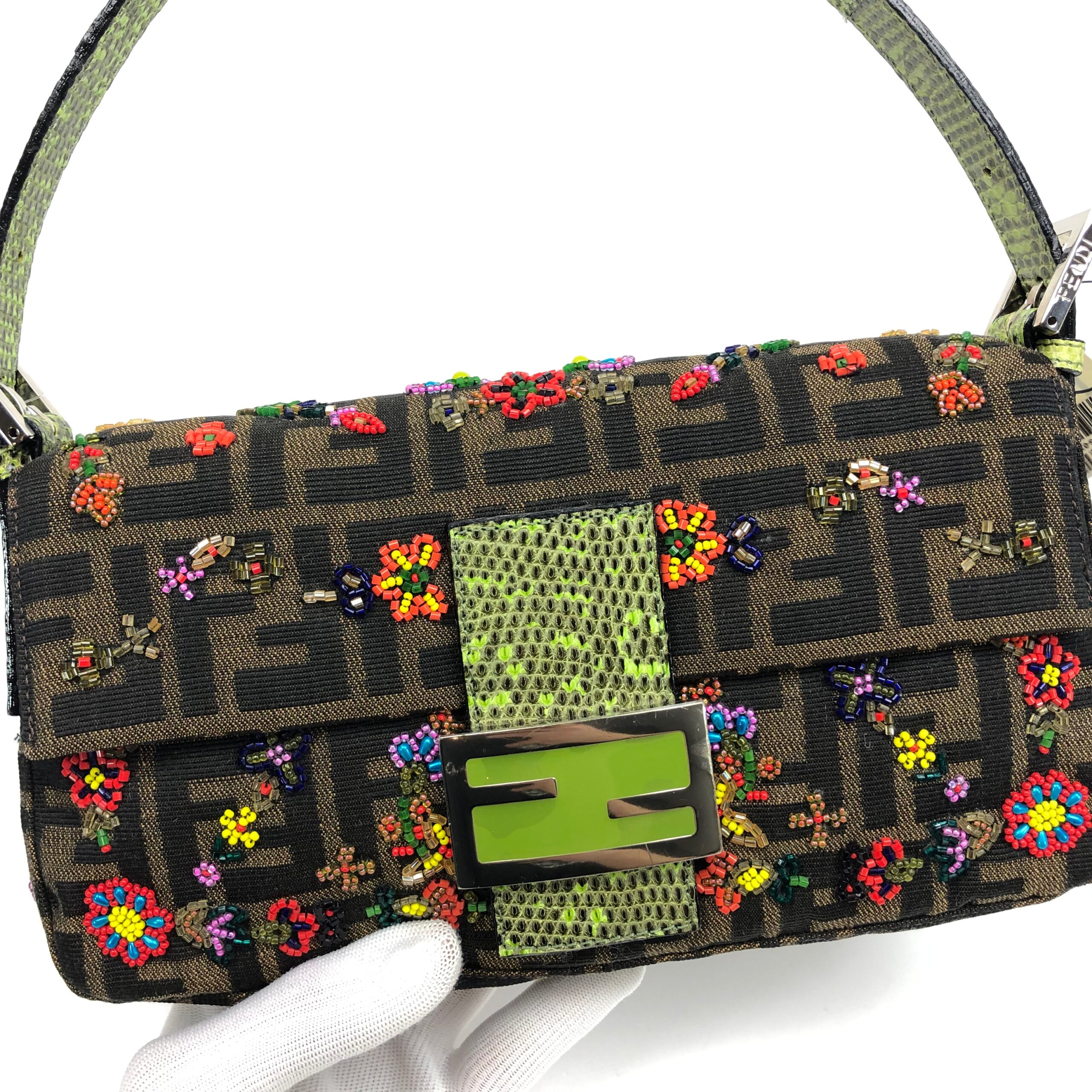 FENDI ZUCCA FLORAL BEADED BAGUETTE BAG WITH EXOTIC LIZARD DETAILING - Image 12